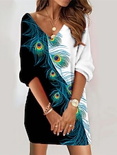 cheap Jumper Dresses-Women&#039;s Sweatshirt Dress Casual Dress Shift Dress Ombre Geometric Print V Neck Mini Dress Daily 3/4 Length Sleeve Spring Fall
