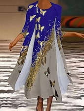 abordables Ensembles de robes-Femme Robe mi-longue Robe casual Robe Ensemble Robe deux pièces Robe d&#039;église Mode Extérieur du quotidien Sortie Standard Animal Papillon Manches 3/4 Col Ras du Cou Jaune Bleu Eté Printemps
