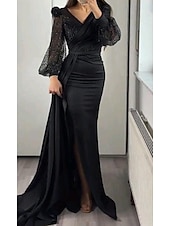 abordables Rose-Robe de soirée Sirène Robe Sequins Formelle Traîne cour Manches longues Col en V Invitée de mariage d&#039;automne Charmeuse avec fente Robe de masque 2025