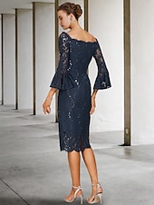 cheap Tea Length-Sheath Mother of the Bride Dress Wedding Guest Elegant Vintage Jewel Neck Tea Length Lace 3/4 Length Sleeve with Sequin 2025 free custom size