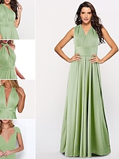 baratos Vestidos para Madrinhas-vestido de dama de honra linha a decote halter / decote em v sem mangas conversível infinito comprimento do chão elastano com faixa / fita / pregas vestido para impressionar 2025