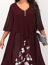 levne Kolekce nadměrných velikostí-dámské plus size křivky pracovní šaty květinové v střih nařasený 3/4 rukáv jarní podzim pracovní elegantní midi šaty formální šaty na dovolenou / vrstvené / potisk