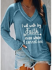 preiswerte Humor &amp; Zitate T-Shirt-Damen T Shirt Text Basic Langarm V Ausschnitt Normale Oberteile Valentinstag Täglich Wochenende Bedruckt Weiß Rosa Blau Grün Grau Herbst Winter
