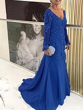 preiswerte Bodenlänge-Strandhochzeit Meerjungfrau Plus Size Curve Mutter der Braut Kleider Elegantes Kleid Formelle Hochzeitsgast Schlepp  Pinselzug Langarm V-Ausschnitt Spitze mit Applikationen 2025 kostenlose
