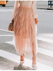 levne Jednoduché sukně-dámské swingové pracovní sukně tutu midi sukně plisované tyl jednobarevné kancelář / kariéra ulice podzim / podzim elegantní vintage móda černá růžová béžová šedá