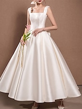 cheap Little White Dresses-Reception Simple Wedding Dresses Wedding Dresses A-Line Off Shoulder Cap Sleeve Tea Length Satin Bridal Gowns With Pleats Ruched  dress to impress Fall Wedding 2025