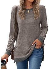 お買い得  プレーンTシャツ-女性用 Tシャツ カラーブロック ベーシック 長袖 パフスリーブ ラウンドネック レギュラートップス バレンタイン 日常 プリント ブラック アーミーグリーン ルビーレッド ライトブラウン ブルー 秋冬
