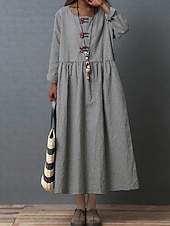 halpa Mekot-Naisten Musta Kevät Syksy Pitkä mekko Maxi mekko Pellava-inspiroidut mekot Rento mekko Puuvillapellavamekko Perus Vapaa-aika ulko- Päivittäin Viikonloppu Loose Fit Skottiruutukuvio Tiukka pyöre