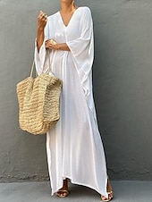 abordables Robes de plage-Robes de plage femme couvrant Vêtements de plage Maxi robe longue Fendue Basique Décontractée Simple Col en V à manches 3/4 Coupe ample Quotidien Vacances Blanche Rouge Été Printemps Taille unique