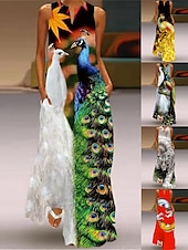cheap Print Floral Dresses-Women&#039;s Peacock Feather Animal Casual Dress Long Dress Maxi Dress Shift Dress Summer Dress Casual Outdoor Daily Weekend Pocket Print Sleeveless V Neck Dress Regular Fit White Yellow Red Spring Summer