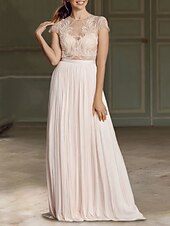 abordables Robes de Mariée-Beach Wedding Dresses in Color Wedding Dresses Separates Illusion Neck Cap Sleeve Separates Lace Bridal Tops Bridal Gowns With Beading 2023