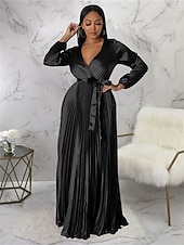 preiswerte Kleider für den-Damen kleid lang abendkleider Etuikleid Schaukelkleid Einfarbig Modisch Romantisch Party kleid hochzeitsgast Cocktailparty Gefaltet Mit Gürtel Langarm V Ausschnitt Kleid Regular Fit Schwarz Weiß Blau