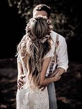 economico abiti da sposa casual-Matrimonio sulla spiaggia Abito da sposa semplice boho Abito sirena Scollatura a V Manica a cappuccio Treno corto Pizzo Abiti da sposa con applicazioni di colore solido 2025