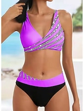 abordables Ensemble de bikinis-Maillots de Bain Bikinis Maillot de bain Femme 2 Pièces Bandes Rayé Grande Taille Bandeau Maillots de bain Sportif Tenues de plage Faire monter