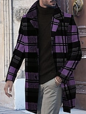 cheap Men&#039;s Print Lightweight Coats-Men&#039;s Plaid Graphic Prints Winter Coat Overcoat Coat Warm Breathable Comfortable Fashion Streetwear Business Work Wear to work Going out Pocket Print Fall &amp; Winter Turndown Long Sleeve Yellow Blue