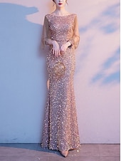 abordables Champagne-Robe de soirée en fourreau Élégante Étincelle  Brillance Col bijou petite Longueur au sol Sequins Manches 3/4 avec couleur unie robe pour impressionner