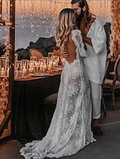 economico abiti da sposa casual-Matromonio in spiaggia abiti da sposa sexy boho A-Line scollatura a V maniche lunghe strascico/striscia in pizzo con applicazioni spacco anteriore 2025