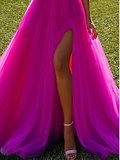 ieftine Rochii de Banchet-Rochii de tip bal elegantă rochie de bal aniversar tren lung  perie mânecă lungă o umăr tulle cu volane fanta rochie de masquerade