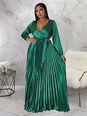 preiswerte Kleider für den-Damen kleid lang abendkleider Etuikleid Schaukelkleid Einfarbig Modisch Romantisch Party kleid hochzeitsgast Cocktailparty Gefaltet Mit Gürtel Langarm V Ausschnitt Kleid Regular Fit Schwarz Weiß Blau