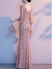 abordables Champagne-Robe de soirée en fourreau Élégante Étincelle  Brillance Col bijou petite Longueur au sol Sequins Manches 3/4 avec couleur unie robe pour impressionner