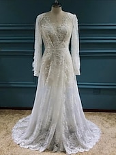 economico abiti da sposa casual-Matromonio in spiaggia abiti da sposa sexy boho A-Line scollatura a V maniche lunghe strascico/striscia in pizzo con applicazioni spacco anteriore 2025