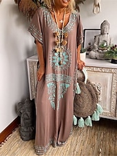 ieftine Rochii Boho-Pentru femei Rochie Maxi lungă Rochie Lunga Rochie Maxi Rochie casual Rochii Tricou Rochie Boho Rochie imprimata Modă Boem Casual În aer liber Vacanță Zilnic Potrivire Largă Floral Manșon scurt În V