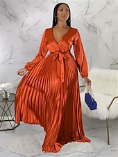 preiswerte Kleider für den-Damen kleid lang abendkleider Etuikleid Schaukelkleid Einfarbig Modisch Romantisch Party kleid hochzeitsgast Cocktailparty Gefaltet Mit Gürtel Langarm V Ausschnitt Kleid Regular Fit Schwarz Weiß Blau