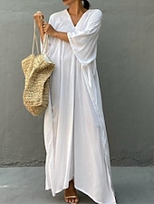 abordables Robes de plage-Robes de plage femme couvrant Vêtements de plage Maxi robe longue Fendue Basique Décontractée Simple Col en V à manches 3/4 Coupe ample Quotidien Vacances Blanche Rouge Été Printemps Taille unique