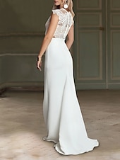cheap Wedding Dresses-Beach Boho Wedding Dresses Mermaid Illusion Neck Cap Sleeve Sweep / Brush Train Chiffon Bridal Suits Bridal Gowns With Appliques