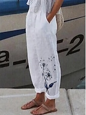 abordables Pantalon droit-Pantalons en coton et lin pour femmes Pantalons amples Aspect lin Décontracté Confort Longueur totale Papillon Poches latérales Ample Imprimé Confort Non élastique Quotidien Streetwear Blanc Rouge