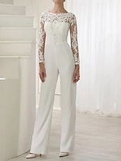 economico abiti da sposa casual-Semplici Abiti da Sposa Casual Tute con Sovraccappe Collo Illusione Maniche Lunghe Lunghezza Piena Abiti da Sposa in Pizzo con Nastro  Ribbons Cristalli abito per impressionare abito elasticizzato
