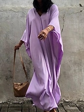 abordables Robes de plage-Robes de plage femme couvrant Vêtements de plage Maxi robe longue Fendue Basique Décontractée Simple Col en V à manches 3/4 Coupe ample Quotidien Vacances Blanche Rouge Été Printemps Taille unique