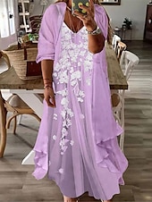 cheap Plus Size Collection-Women&#039;s Plus Size Curve Casual Dress Dress Set Two Piece Dress Floral Long Dress Maxi Dress 3/4 Length Sleeve Print V Neck Fashion Daily Pink Blue Spring Summer L XL XXL 3XL