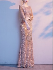 abordables Champagne-Robe de soirée en fourreau Élégante Étincelle  Brillance Col bijou petite Longueur au sol Sequins Manches 3/4 avec couleur unie robe pour impressionner