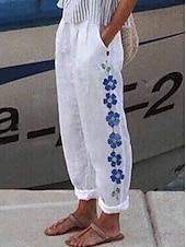 Women's Cotton Linen Pants Baggy Pants Linen Like Vintage Casual Full Length Heart Floral Butterfly Side Pockets Baggy Print Comfort Inelastic Vacation Daily White Yellow Red Blue Fall Regular Fit 12