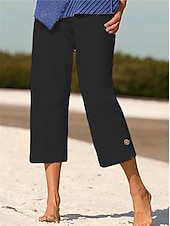 economico Pantaloni-Per donna Pantaloni di lino Chino Simillino Tasche laterali Spacco cascante Polpaccio Nero
