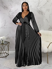 preiswerte Kleider für den-Damen kleid lang abendkleider Etuikleid Schaukelkleid Einfarbig Modisch Romantisch Party kleid hochzeitsgast Cocktailparty Gefaltet Mit Gürtel Langarm V Ausschnitt Kleid Regular Fit Schwarz Weiß Blau