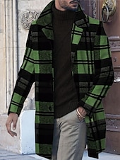 cheap Men&#039;s Print Lightweight Coats-Men&#039;s Plaid Graphic Prints Winter Coat Overcoat Coat Warm Breathable Comfortable Fashion Streetwear Business Work Wear to work Going out Pocket Print Fall &amp; Winter Turndown Long Sleeve Yellow Blue