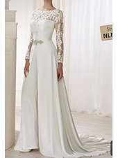 economico abiti da sposa casual-Semplici Abiti da Sposa Casual Tute con Sovraccappe Collo Illusione Maniche Lunghe Lunghezza Piena Abiti da Sposa in Pizzo con Nastro  Ribbons Cristalli abito per impressionare abito elasticizzato