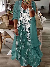 cheap Plus Size Collection-Women&#039;s Plus Size Curve Casual Dress Dress Set Two Piece Dress Floral Long Dress Maxi Dress 3/4 Length Sleeve Print V Neck Fashion Daily Pink Blue Spring Summer L XL XXL 3XL