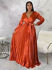 preiswerte Kleider für den-Damen kleid lang abendkleider Etuikleid Schaukelkleid Einfarbig Modisch Romantisch Party kleid hochzeitsgast Cocktailparty Gefaltet Mit Gürtel Langarm V Ausschnitt Kleid Regular Fit Schwarz Weiß Blau