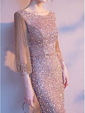 abordables Champagne-Robe de soirée en fourreau Élégante Étincelle  Brillance Col bijou petite Longueur au sol Sequins Manches 3/4 avec couleur unie robe pour impressionner