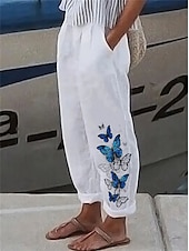 abordables Pantalon droit-Pantalons en coton et lin pour femmes Pantalons amples Aspect lin Décontracté Confort Longueur totale Papillon Poches latérales Ample Imprimé Confort Non élastique Quotidien Streetwear Blanc Rouge