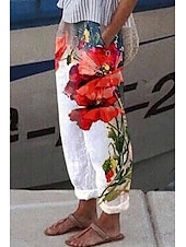 abordables Pantalon droit-Pantalons en coton et lin pour femmes Pantalons amples Aspect lin Décontracté Confort Longueur totale Papillon Poches latérales Ample Imprimé Confort Non élastique Quotidien Streetwear Blanc Rouge