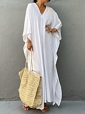 abordables Robes de plage-Robes de plage femme couvrant Vêtements de plage Maxi robe longue Fendue Basique Décontractée Simple Col en V à manches 3/4 Coupe ample Quotidien Vacances Blanche Rouge Été Printemps Taille unique