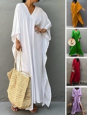 abordables Robes de plage-Robes de plage femme couvrant Vêtements de plage Maxi robe longue Fendue Basique Décontractée Simple Col en V à manches 3/4 Coupe ample Quotidien Vacances Blanche Rouge Été Printemps Taille unique