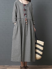 halpa Mekot-Naisten Musta Kevät Syksy Pitkä mekko Maxi mekko Pellava-inspiroidut mekot Rento mekko Puuvillapellavamekko Perus Vapaa-aika ulko- Päivittäin Viikonloppu Loose Fit Skottiruutukuvio Tiukka pyöre