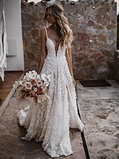 economico abiti da sposa casual-Abiti da Matrimonio Sexy Boho da Spiaggia A-Line Cuore Camisola Spaghetti Strap Coda Corto Pizzo Abiti da Sposa con Appliques Fessura Frontale
