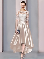 preiswerte Teelänge-A-Linie Mutter der Braut Kleid Hochzeitsgast Elegante Hoch-Tief Scoop-Ausschnitt Asymmetrisch Tee-Länge Satin Spitze Halbärmel mit Applikationen Derby Kleid Renntag Kleid 2025 kostenlose Anpassung