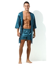 billige Morgenkåper-Herre Kappe Morgenkåper Ren farge Stilfull Fritid Hjem Daglig Seng Polyester Pustende Myk Hettegenser Langermet Vår Sommer Hvit Rosa